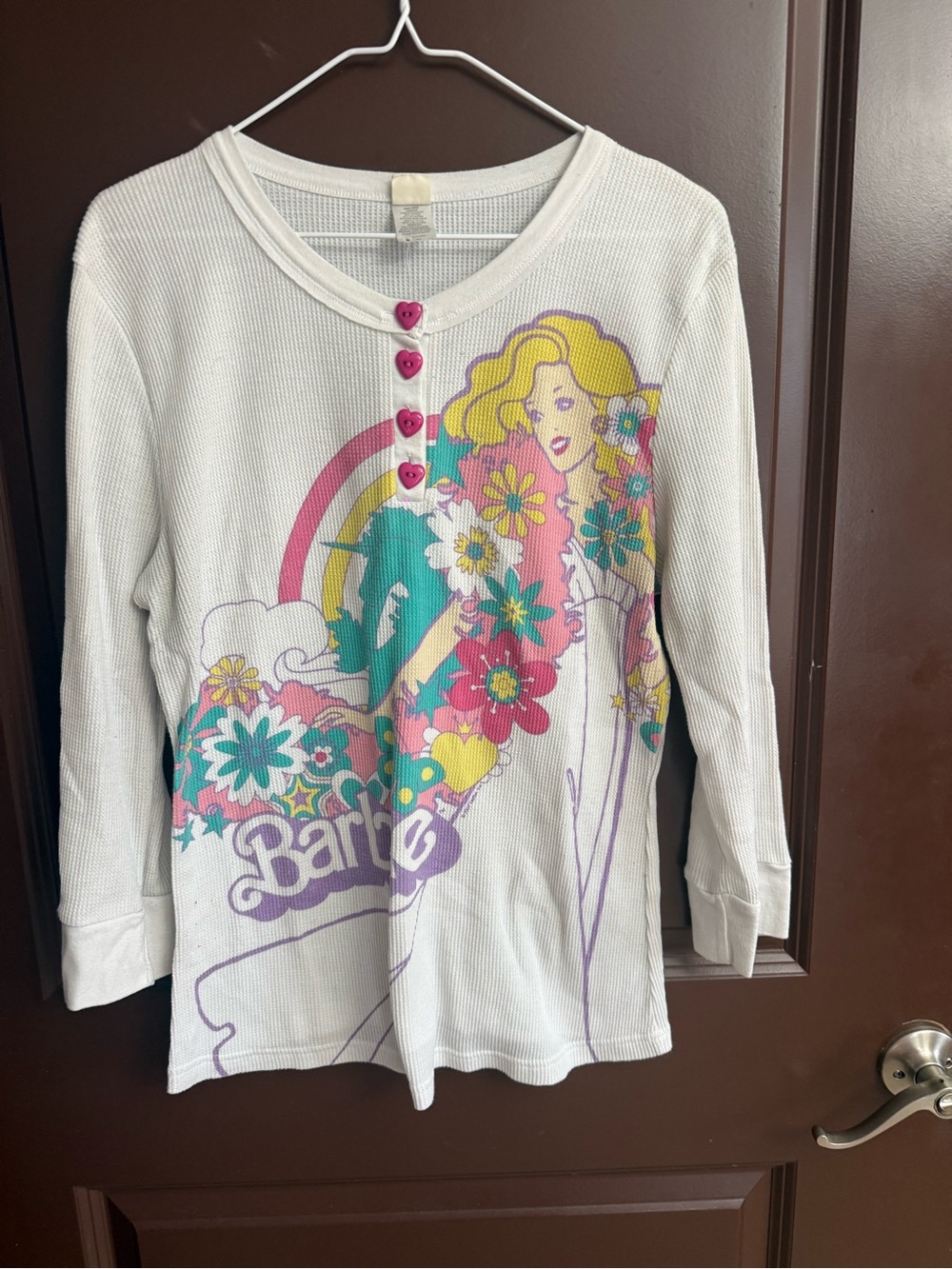 Vintage Barbie White Long Sleeve Graphic Top with Pink Heart Buttons